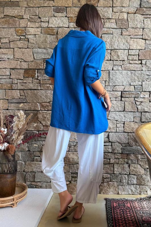 Pia Pillow Cotton Embroidered Tile Classic Shirt Cobalt